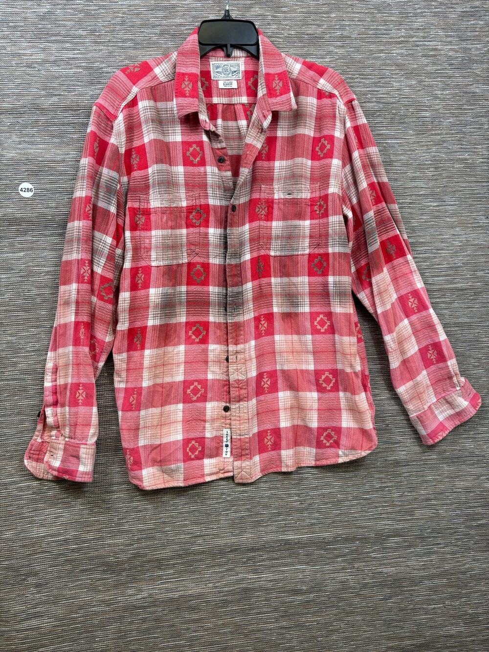 Lucky Brand Shirt Mens XL Red Plaid Flannel Button Up Long Sleeve Embroidered